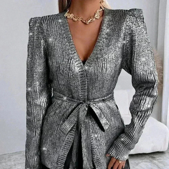 Silver Preppy Women's Color Belted Elegant Cardigan - Picture 4 of 5